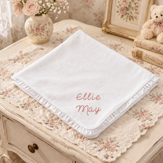Embroidered White Ruffle Baby Blanket