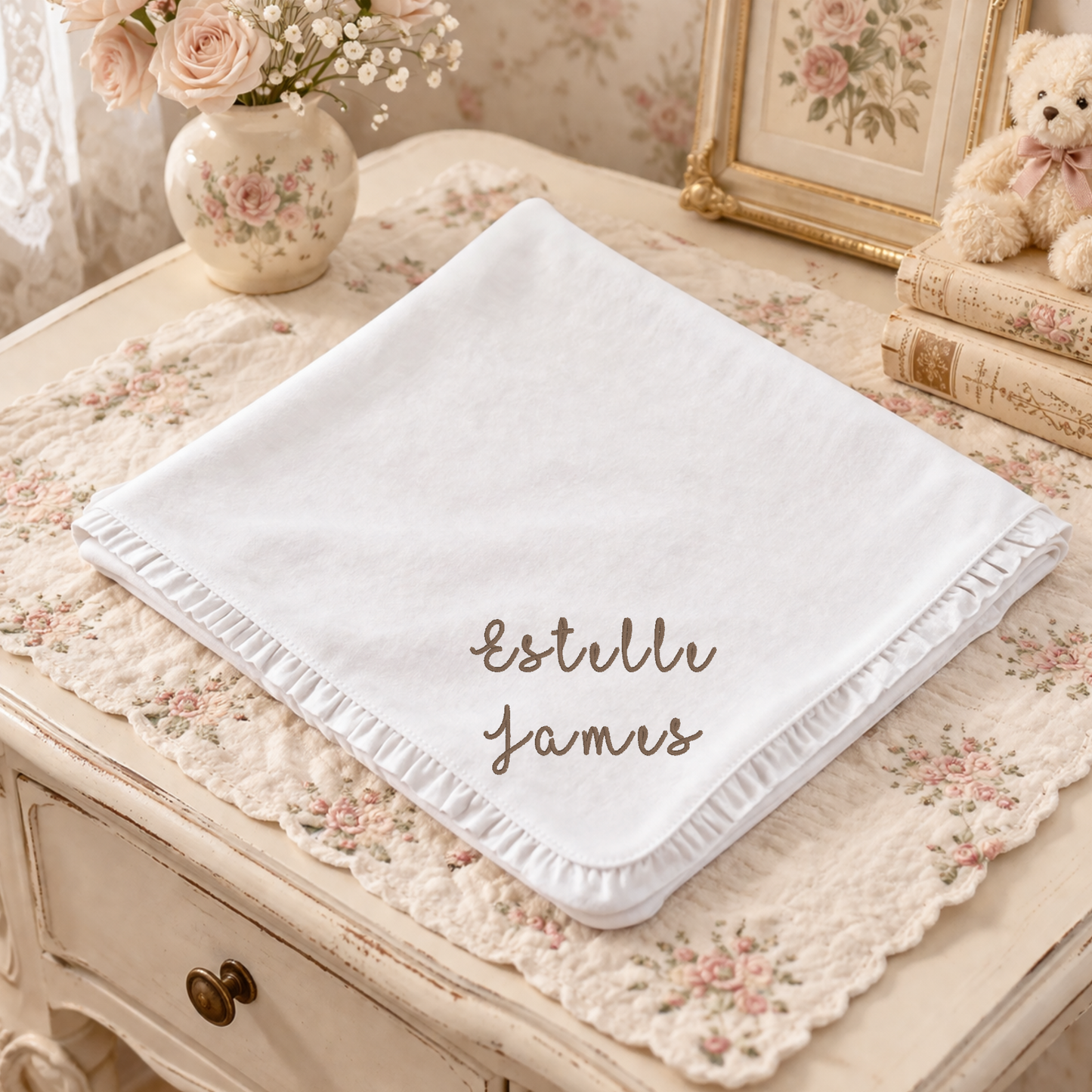 Embroidered White Ruffle Baby Blanket