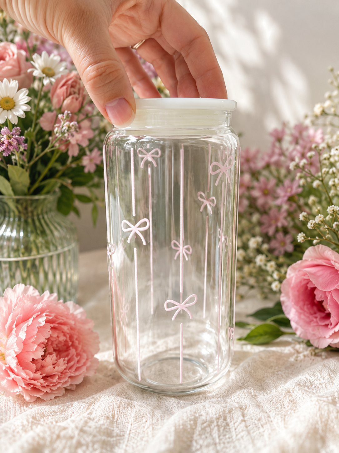Pinstripe Bow Glass Tumbler