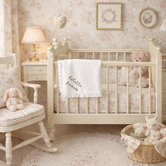Embroidered White Ruffle Baby Blanket