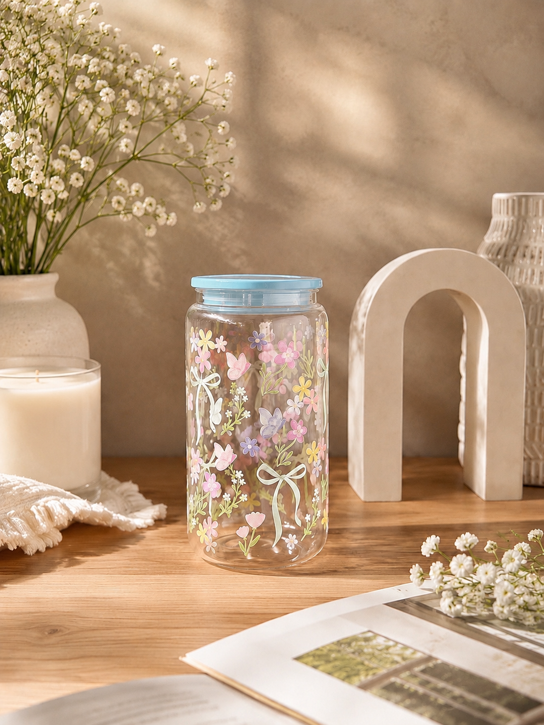 Garden Floral Glass Can Tumbler